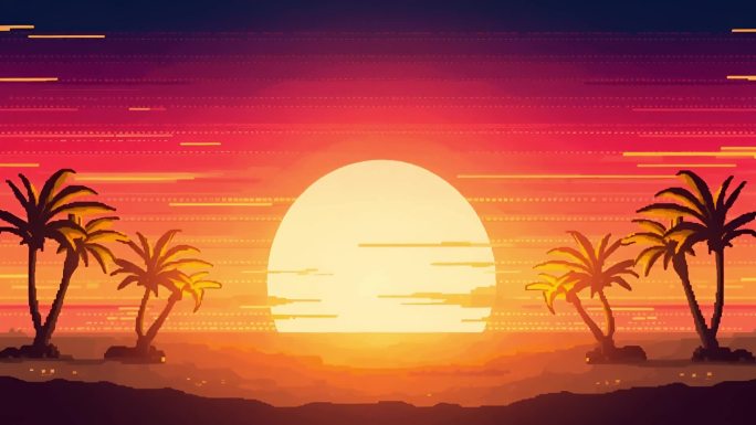 热带日落海滩 像素风海岛夕阳