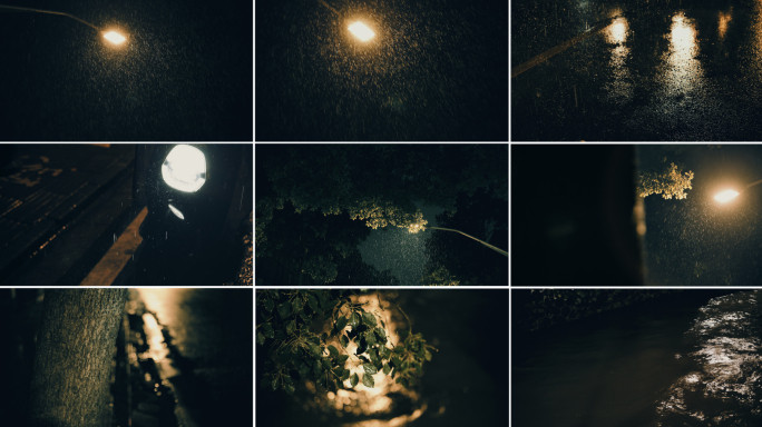 夜晚下雨 雨中路灯