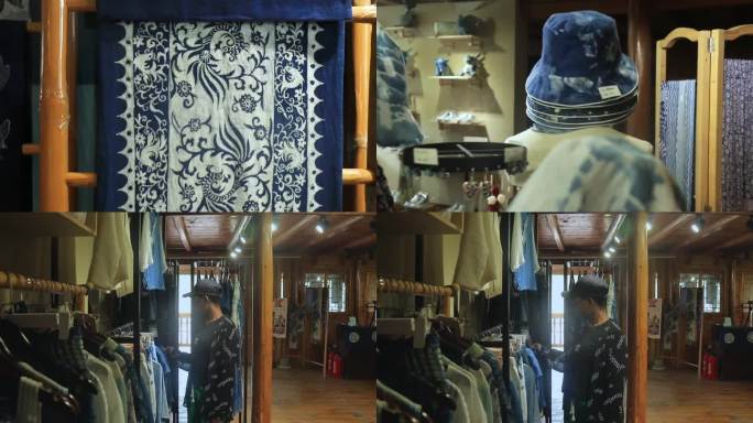 外国人挑选蜡染制品 传统扎染服饰展示