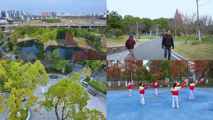 常州翠竹公园4K航拍素材，公园太极拳视频