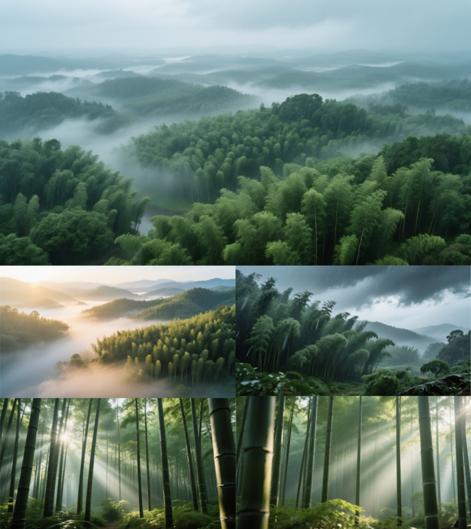 宁静竹海竹林雾气绿色生态阳光