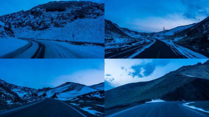 冬季阿勒泰地区的公路延时摄影，雪景，中国，新疆，亚洲。