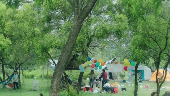 绿意盎然的户外露营野餐欢乐家庭户外帐篷