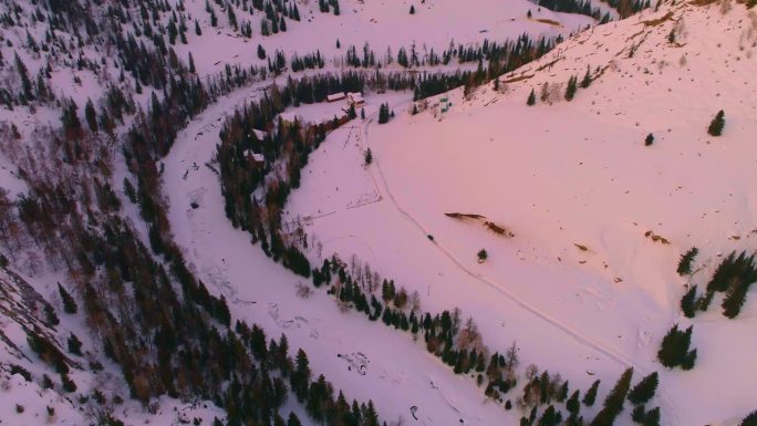 冬季雪景的航拍镜头，位于中国新疆阿勒泰地区的针叶林。