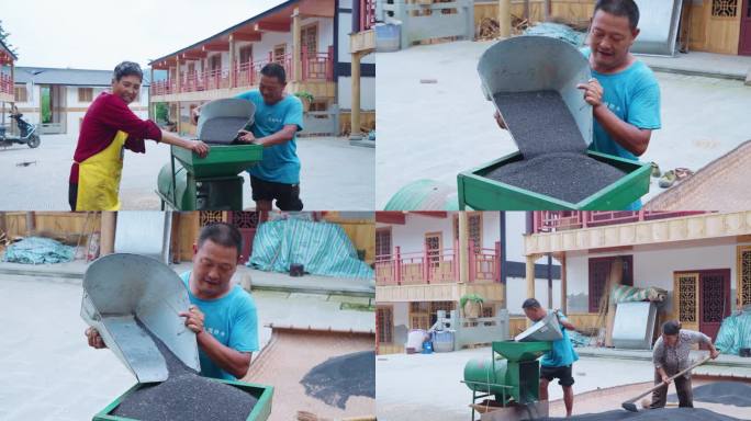 农民晾晒风车车油菜籽