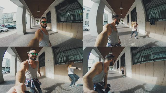 年轻的滑冰运动员在骑车时拍自拍视频