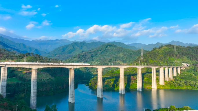 航拍山区高铁动车行驶