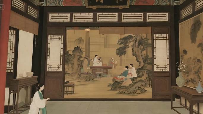 古画中式绘画风场景古代庭院人物会客场景