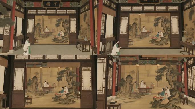 古画中式绘画风场景古代庭院人物会客场景
