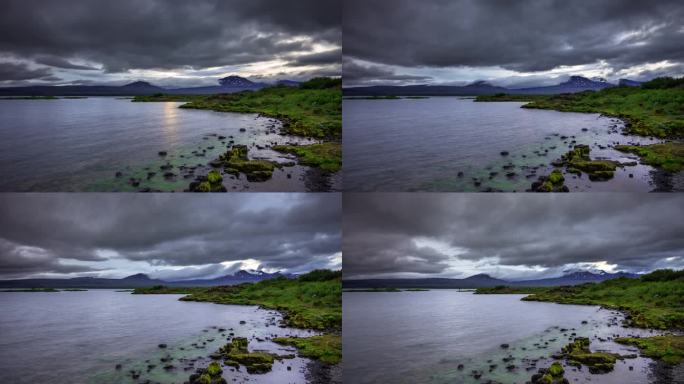 午夜太阳在Thingvellir，冰岛-时间流逝