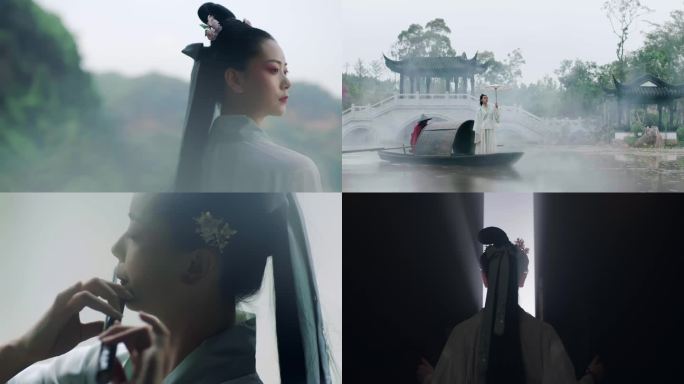 古风女子瀑布国风小船笛子古装神话唯美意境