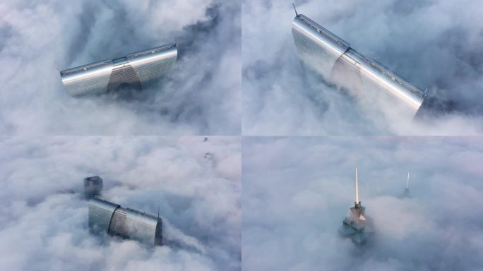 苏州云雾缭绕的城市日出景观与地标建筑风景