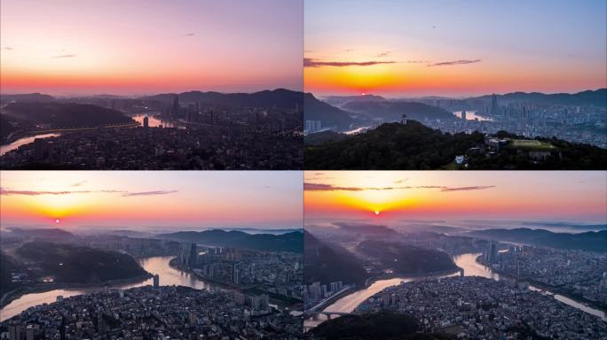 宜宾日出三江翠屏山风景延时高空航拍4k