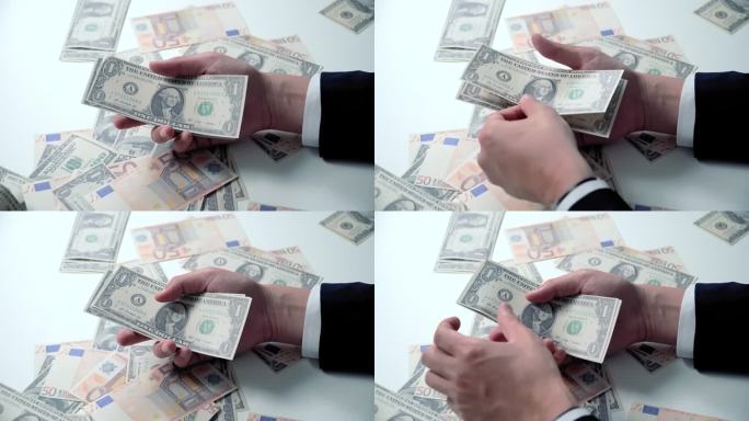 用手处理外国账单的商人