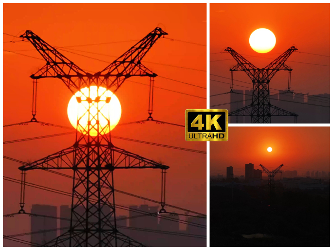 高压线塔城市夕阳4K航拍