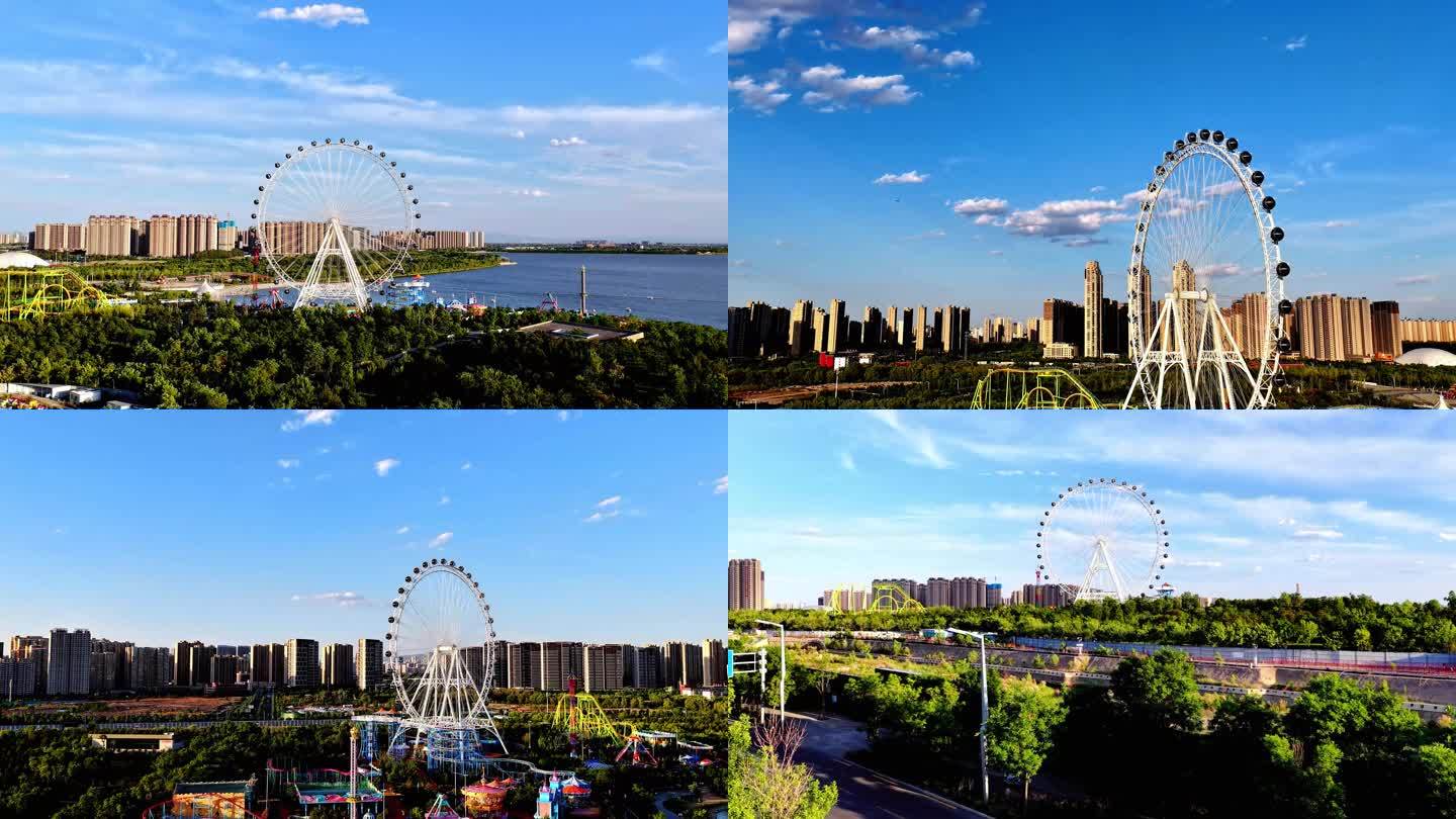 航拍太原晋阳湖摩天轮晚霞延时和甩尾延时