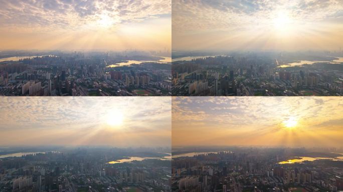 武汉光谷城市高空丁达尔效应光束扫过延时