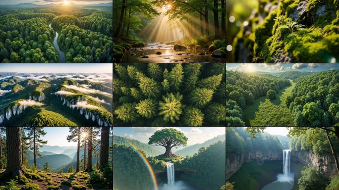 原始森林航拍瀑布苔藓森林丁达尔