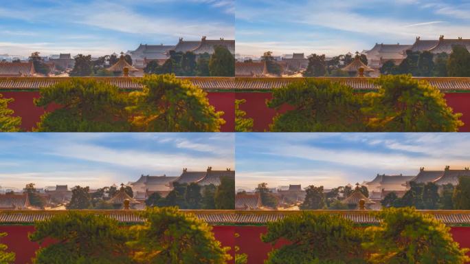 北京故宫红墙晨雾光影