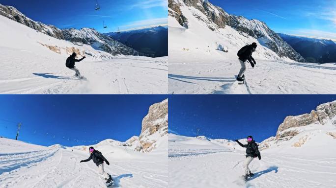 雕刻天堂:一个熟练的女滑雪板骑下一个阳光普照的山坡覆盖着新粉雪，背景是清澈的蓝天和闪闪发光的阳光