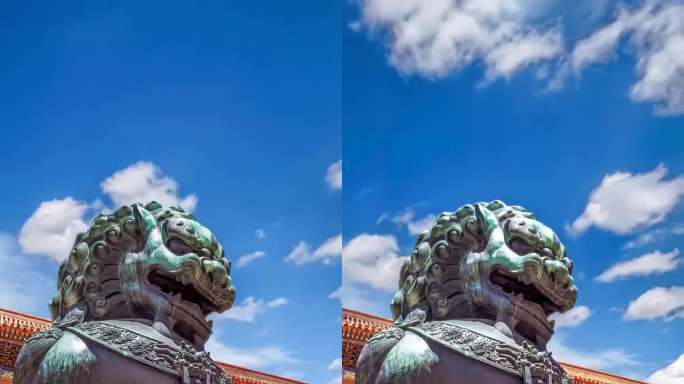 北京故宫太和殿铜狮光影映照