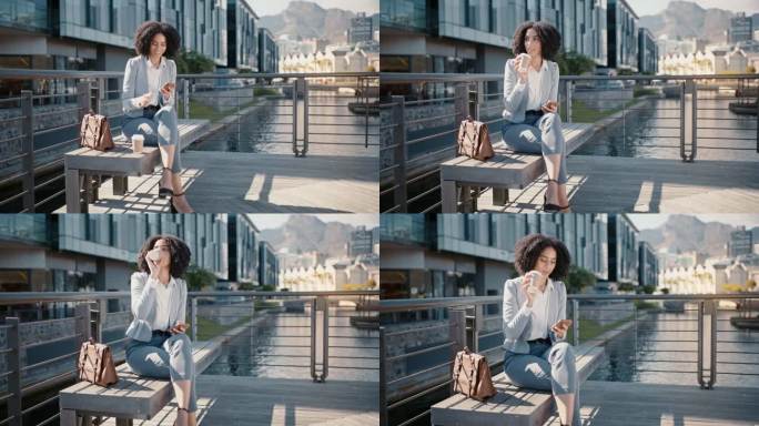 手机，咖啡和社交媒体上的搞笑女人，阅读表情包或喜剧手机应用程序来放松，空闲时间。黑人女性、个人或工人