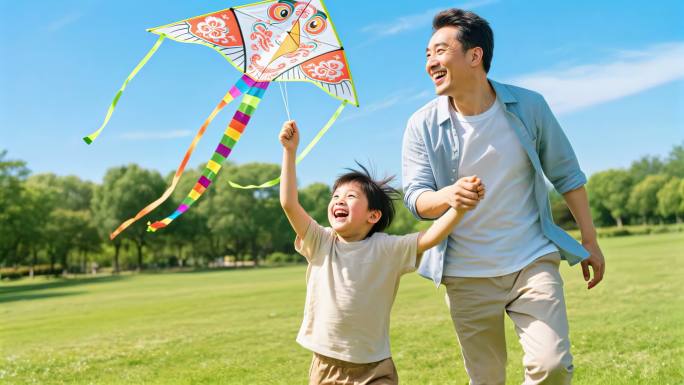 父亲和孩子在公园里放风筝