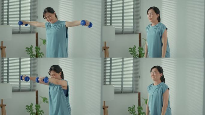亚洲女性在家里的客厅里用哑铃做运动训练，感到疲惫不堪。
