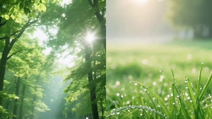 夏日阳光森林树木草地落叶草丛，空镜素材