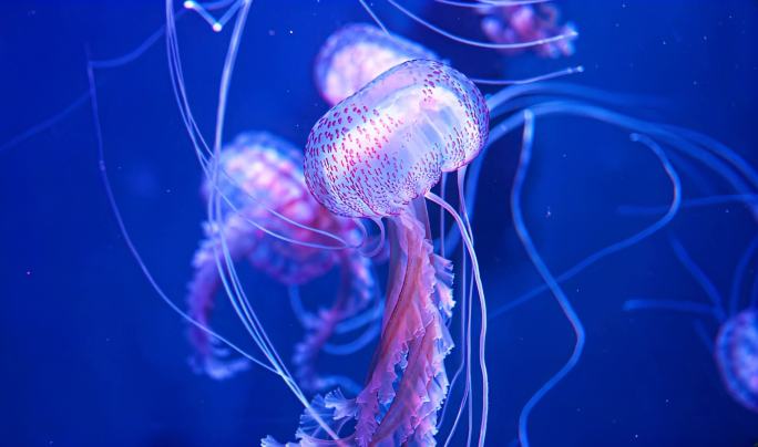 梦幻水母在深海中游动 蓝色背景下的优雅水