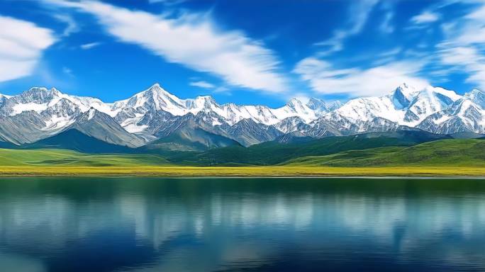 宁静湖面倒映雪山美景