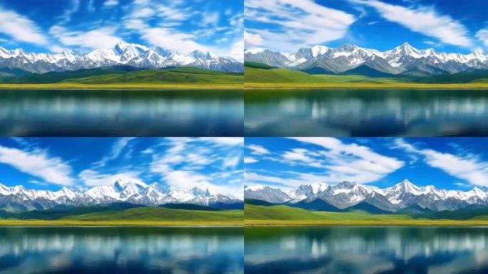 宁静湖面倒映雪山美景