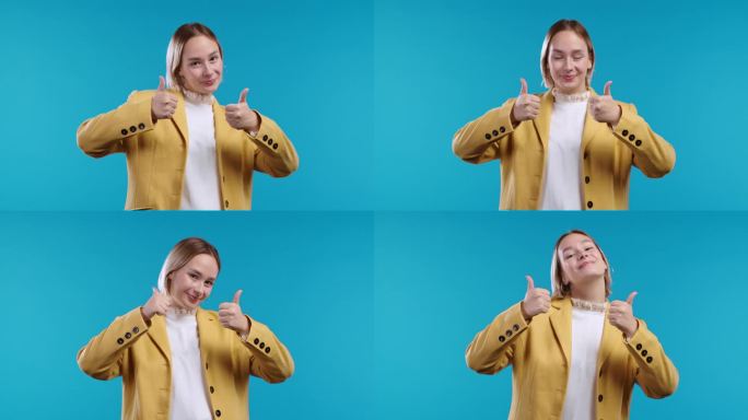 积极的女商人会做出竖起大拇指的手势。快乐的女学生穿黄色夹克，正确的完美选择，大量，蓝色背景。