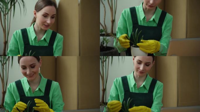 一个女人用笔记本电脑打视频电话，在网上教家庭园艺。直播营销的概念