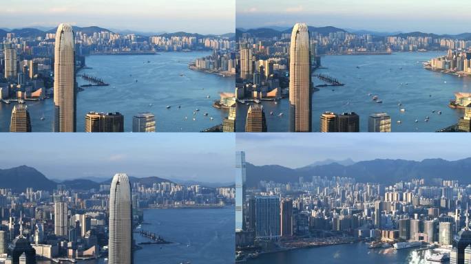 在香港太平山顶俯瞰晴空下的维多利亚港