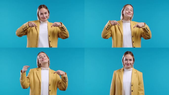 微笑的女人指着下面的广告区。蓝色背景。年轻女士要求点击下方订阅。复制空间为您的商业创意、推广文字内容
