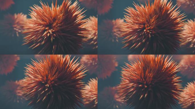 橙色海胆样外星生命体在水下游泳。