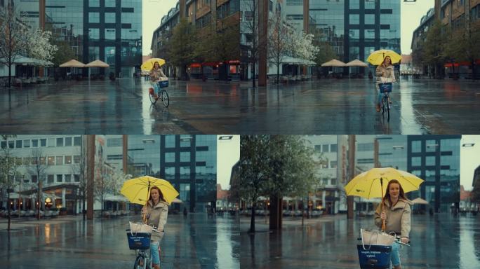 打着黄伞的年轻女子在雨中骑自行车