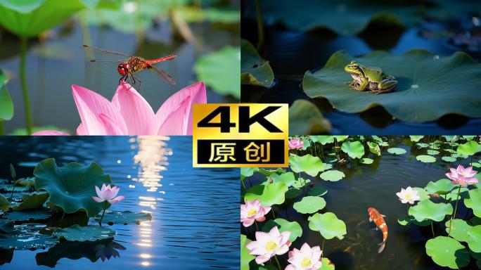 夏至荷花开花延时荷花池青蛙蜻蜓锦鲤莲花
