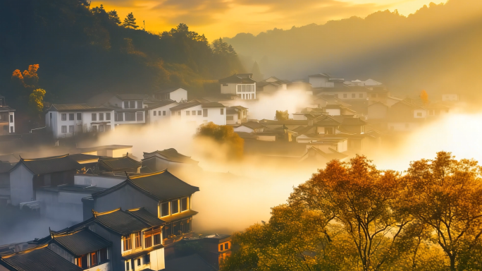 婺源篁岭美丽乡村晨雾云雾缭绕田园景色