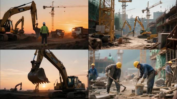 繁忙的建筑工地建设工人与机械