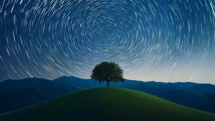 草原大树和星空延时星轨