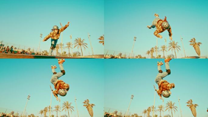 女子轮滑运动员在滑冰公园表演后空翻