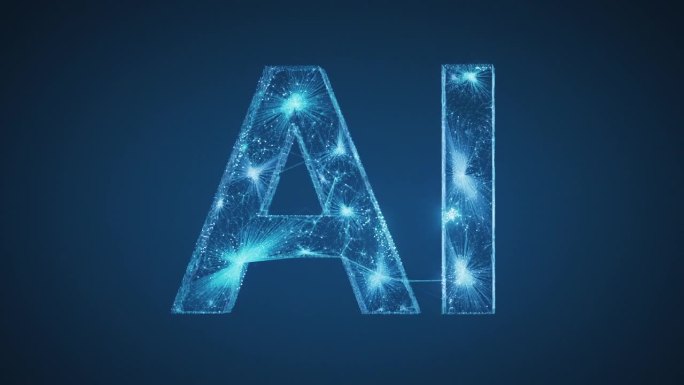 从复杂网络中出现的AI标志-人工智能，机器学习，神经网络，数字连接-蓝色版本