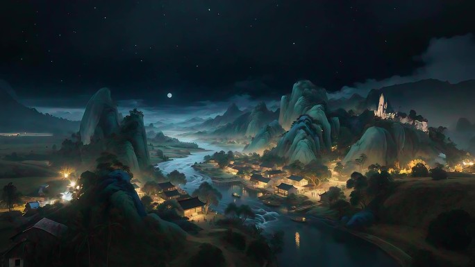 千里江山图星空下的古镇夜景