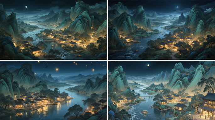千里江山图星空下的古镇夜景