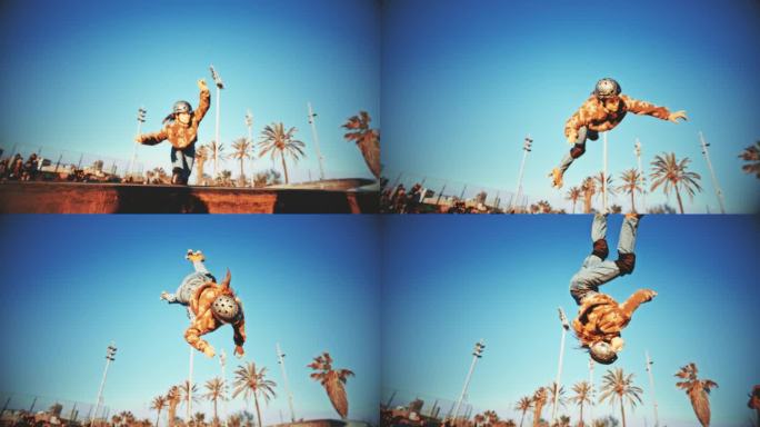 超级慢动作的年轻女子做后空翻而轮滑。一名女子在滑板公园练习特技。她戴着头盔和护膝。