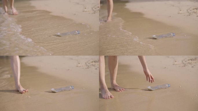 女人在沙滩上捡塑料瓶