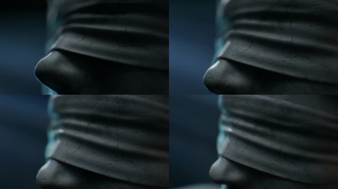 正义女神戴着的眼罩的电影和大气特写镜头。正义雕像的脸。
法庭展示模型的标题序列。