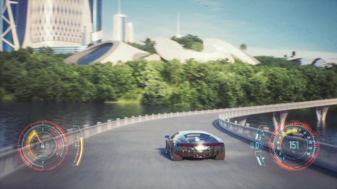 4K，假的3D视频游戏。乌托邦城市赛车假游戏与HUD。